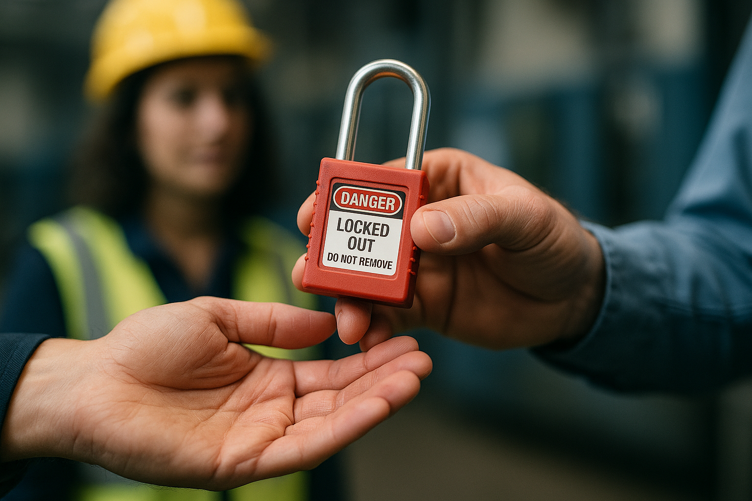Ein Mitarbeiter gibt einem anderem im Vertrauen ein Lockout/Tagout Schloss