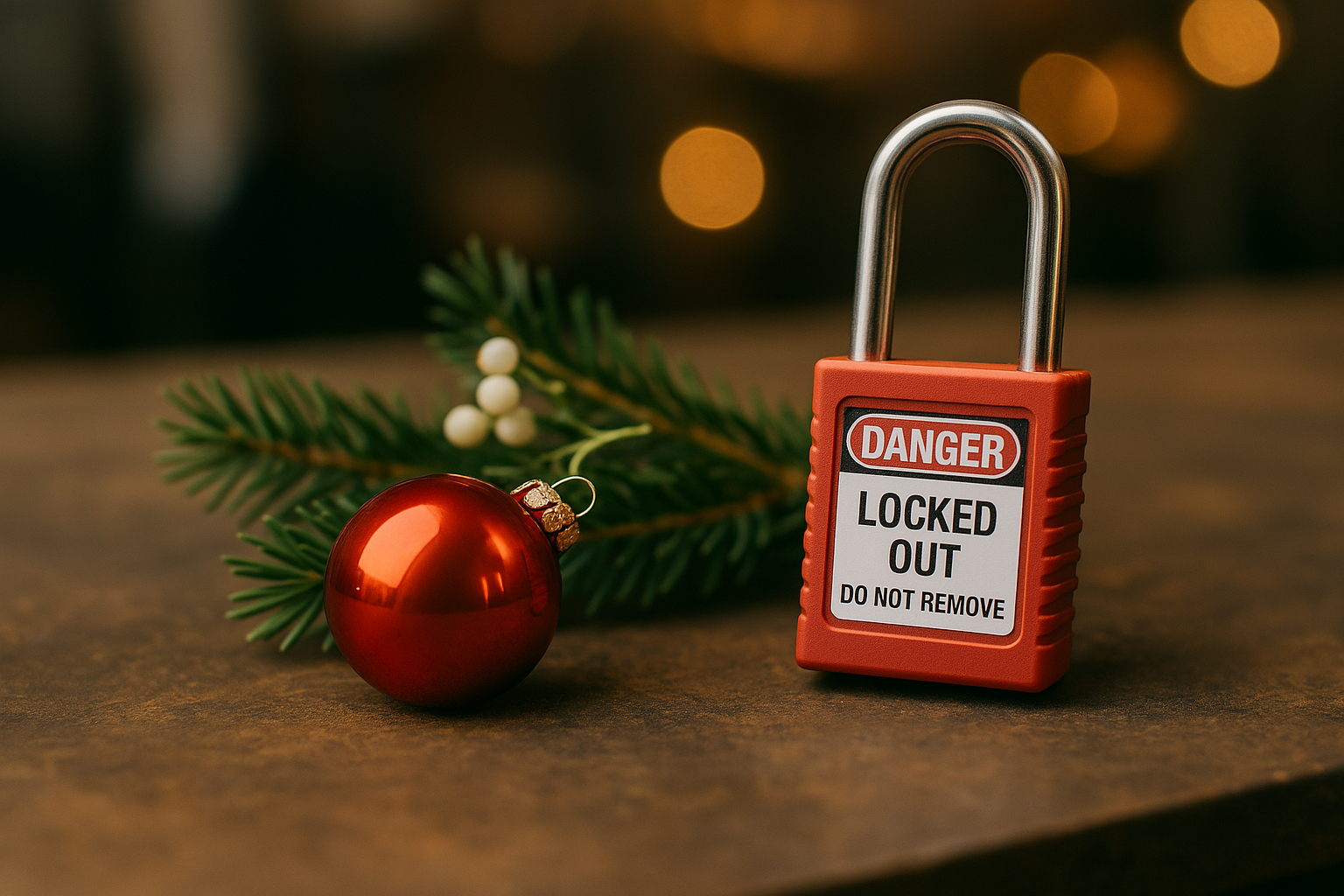 Ein Lockout/Tagout Schloss neben einer Weihnachtskugel und einem Tannenzweig