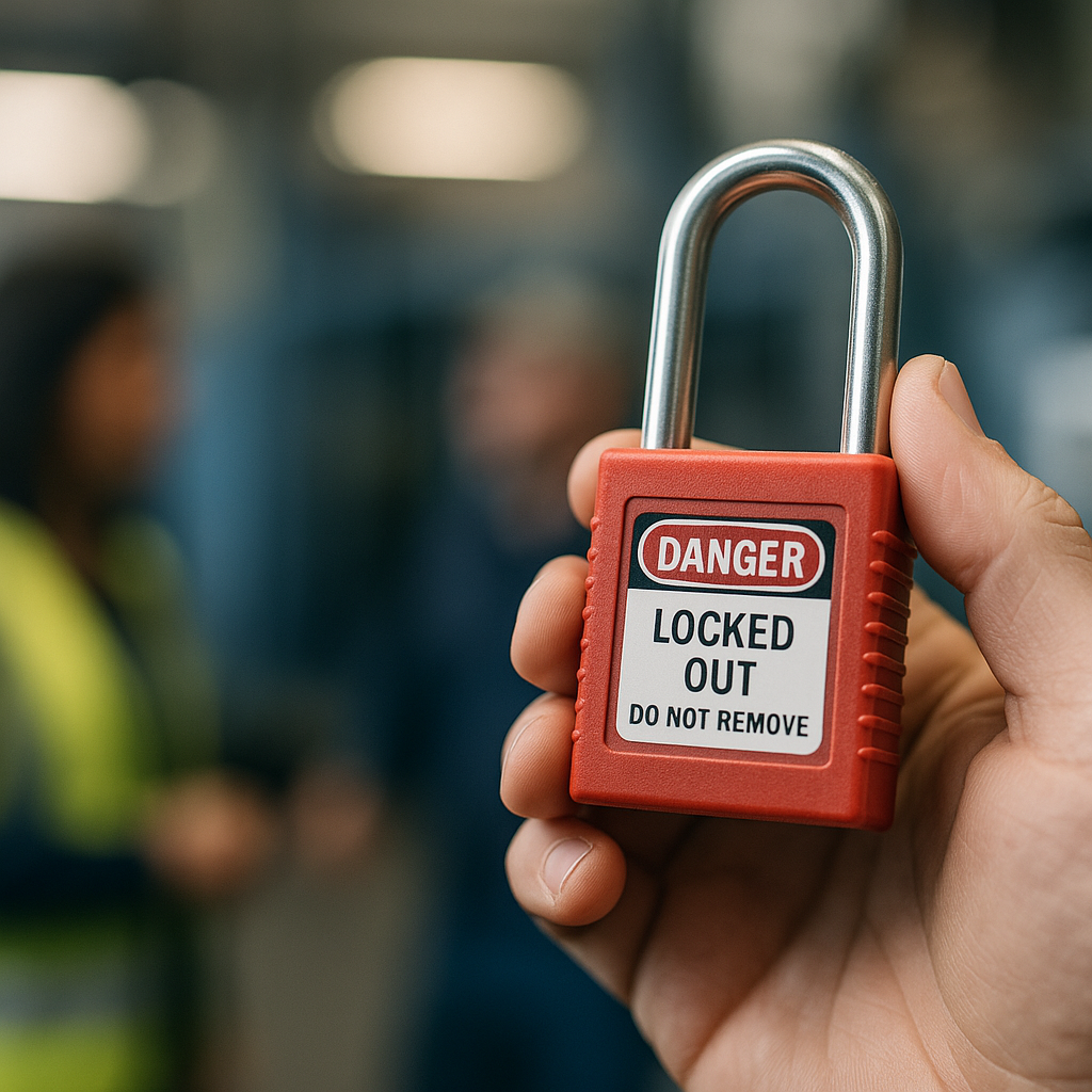 Ein Lockout/Tagout Schloss in der Hand eines Mitarbeiters