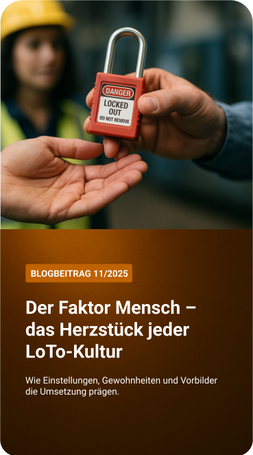 Ein Mitarbeiter übergibt ein Lockout/Tagout-Schloss – symbolisch für die tragende Rolle des Menschen bei Sicherheitskultur, Verantwortungsbewusstsein und gelebter LoTo-Praxis im Unternehmen.
