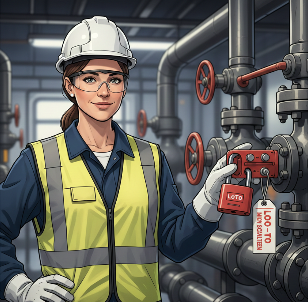 Technikerin mit PSA vor dampfender Anlage während einer Lockout/Tagout Sicherheitsprüfung in der Industrie.