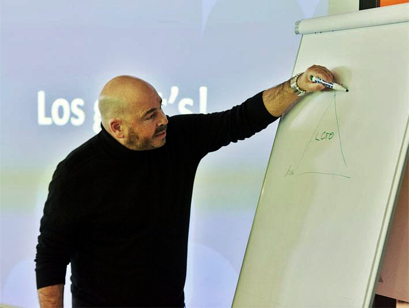 René Noël schreibt auf einer Flipchart das "Goldene Dreieck des Lockout/Tagout". Und spricht über den Lotokultur Blog.