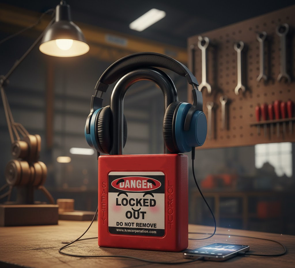 Bild eines Lockout/Tagout Schlosses das Musik hört