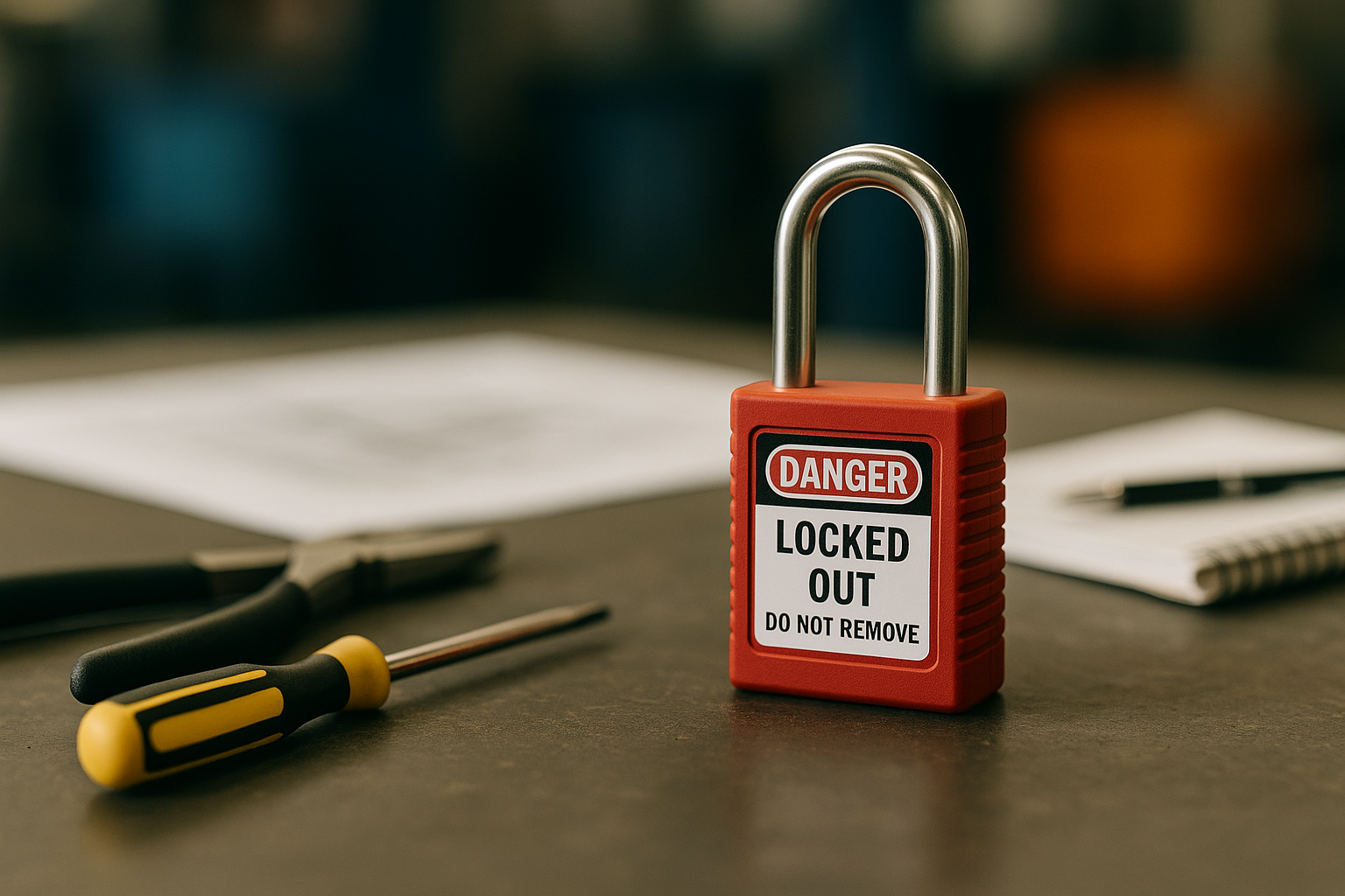 Ein Lockout/Tagout Schloss neben einer Weihnachtskugel und einem Tannenzweig